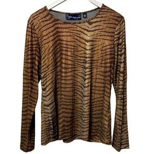 Susan Graver Zebra Top Small Slinky Tee Liquid Knit Brown Gold Metallic